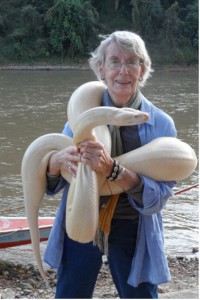 Moondance founder & director, Elizabeth English, with 8’ white python, at Kok River, in Thailand, January 2013