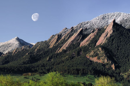 "Spring-Flatirons-Moonset", view from Boulder, Colorado 